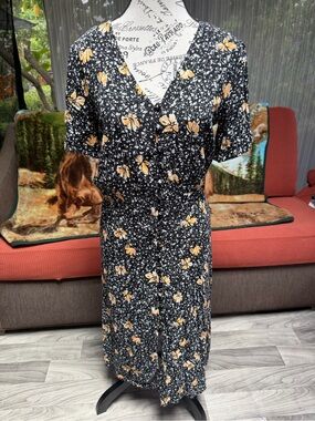 Hinge Black Midi Dress with Yellow Floral Print